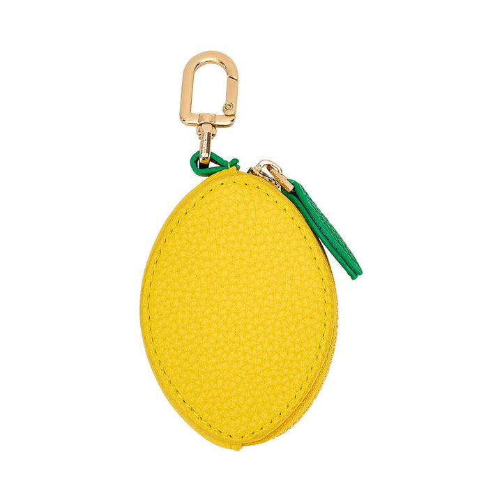 Yellow lemon-shaped keychain with a green strap on a white background
