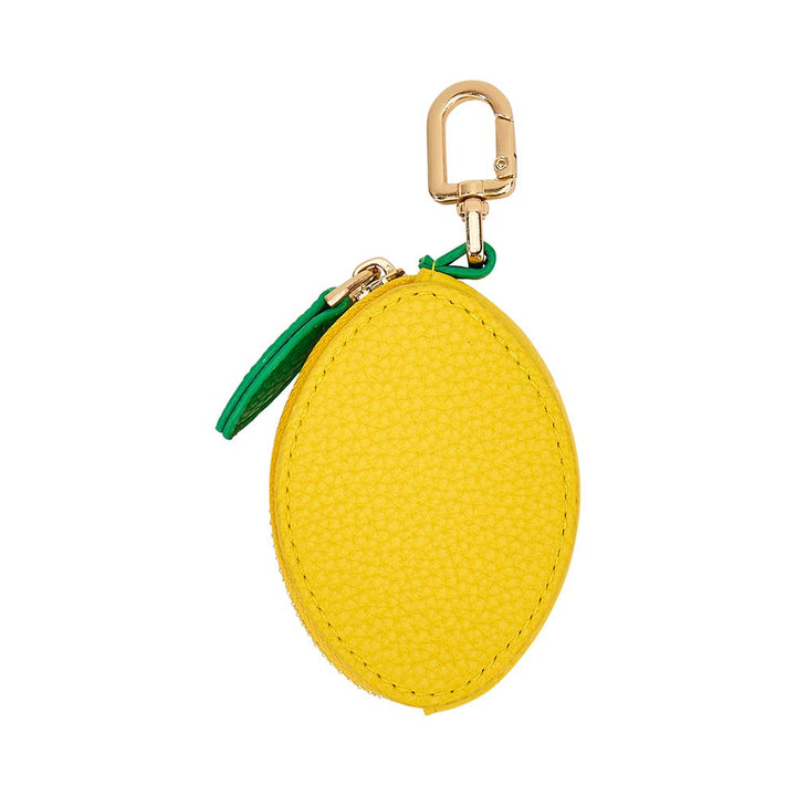 Yellow lemon-shaped keychain with a gold clasp on a white background