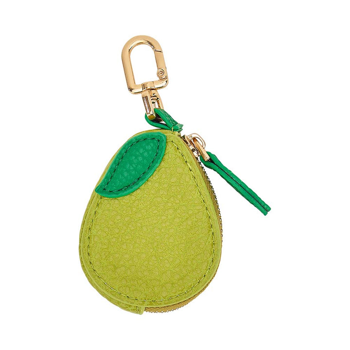 Green avocado-shaped keychain with a gold clasp on a white background