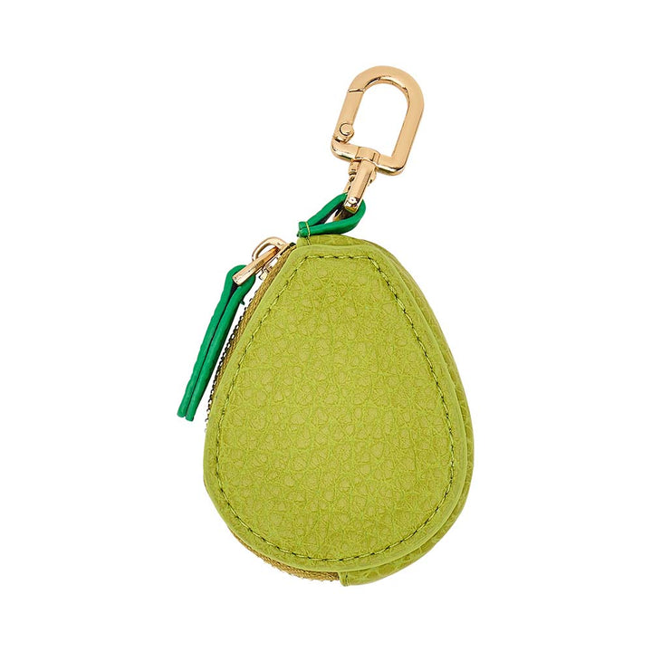 Green teardrop-shaped coin purse with gold clasp on a white background