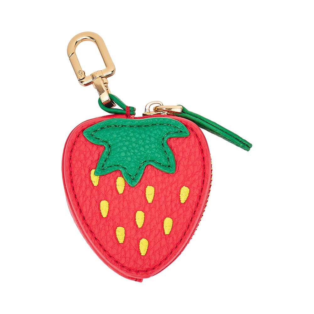 Strawberry-shaped keychain with a gold clip on a white background