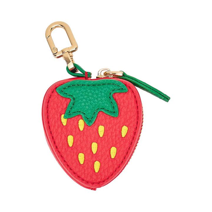 Strawberry-shaped keychain with a gold clip on a white background