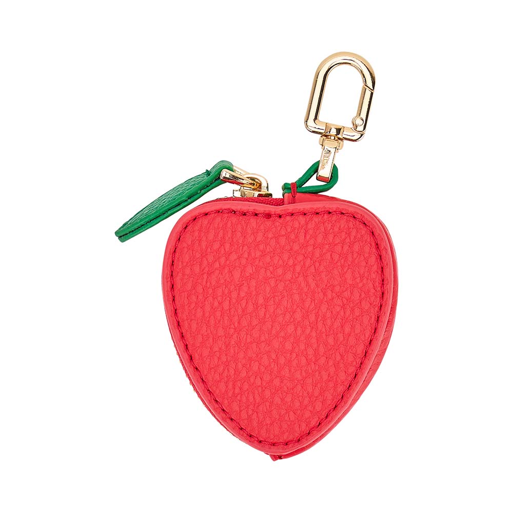 Red strawberry shaped keychain with a gold clasp on a white background