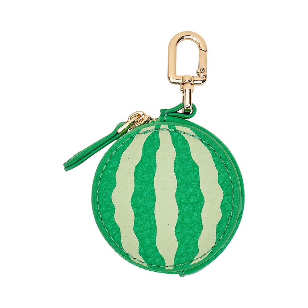 Round watermelon shaped coin purse with gold clasp on a white background