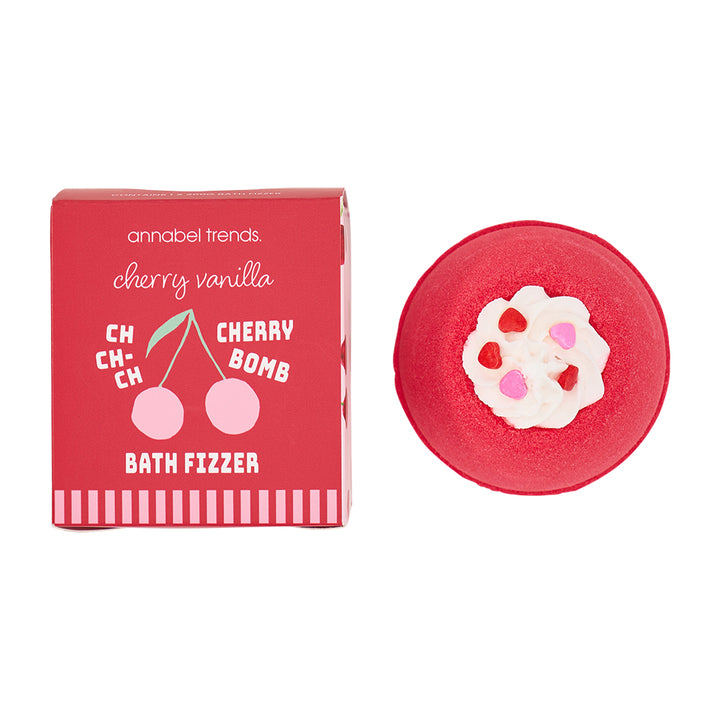 Cherry Vanilla Bath Fizzer with packaging on a white background