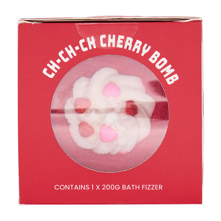Red box with a bath fizzer labeled 'Ch-Ch-Ch Cherry Bomb' on a white background