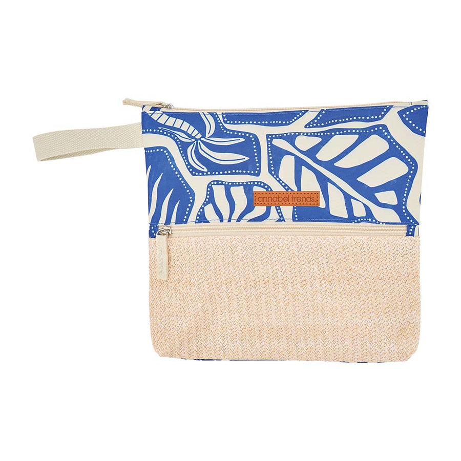 Beach wet pouch with blue and white design and rattan look pocket