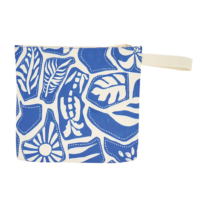 Blue and white patterned pouch with a strap on a white background