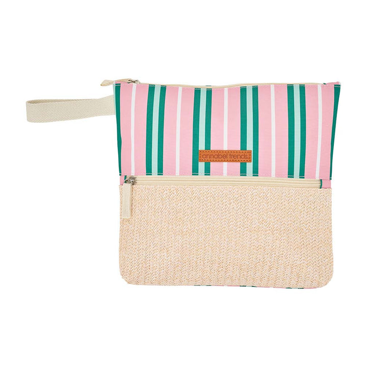 Pink green and white stripe wet pouch with rattan look pocket