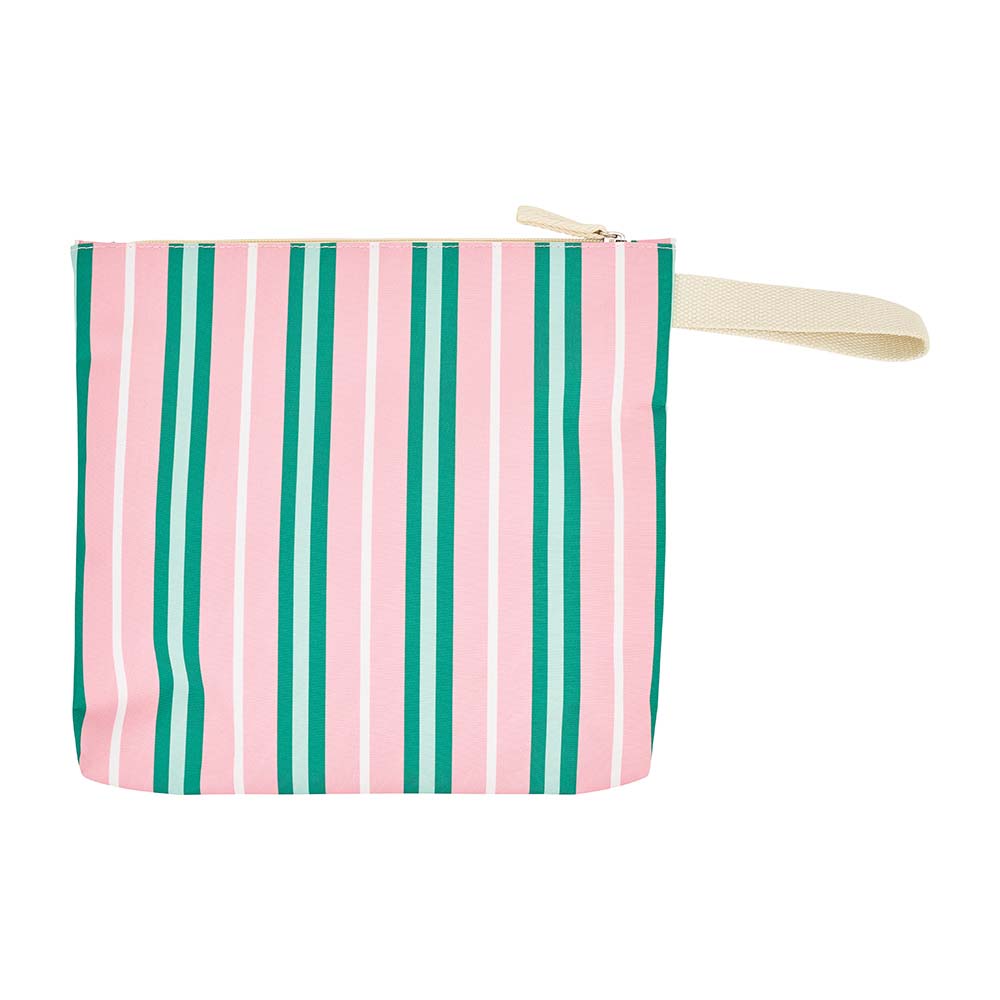 Striped pouch with pink and green stripes on a white background