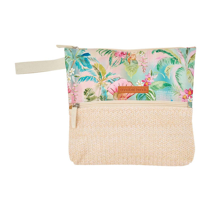 Pouch with tropical floral design on top and textured beige bottom on a white background
