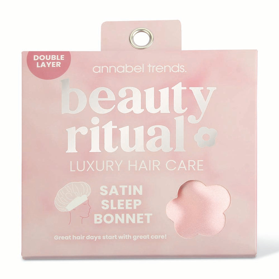 Packaging of annabel trends beauty ritual satin sleep bonnet on a white background