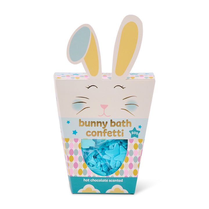 Bunny bath confetti packaging with colorful design on a white background