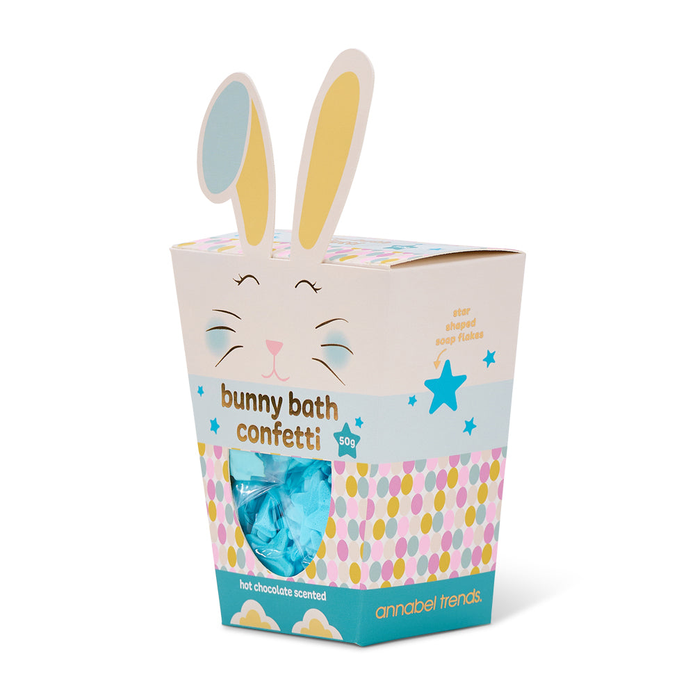 Bunny-shaped box bath confetti packaging with colourful design on a white background