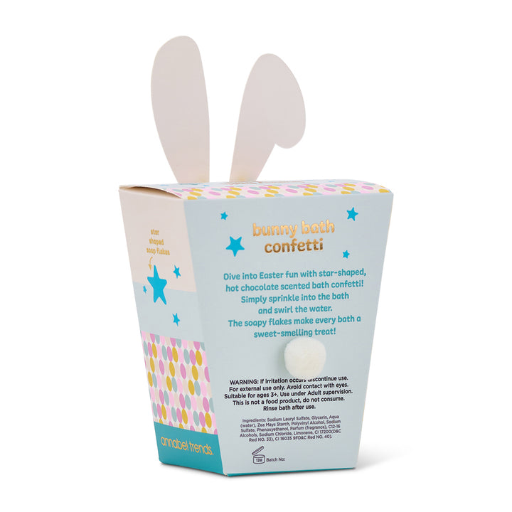 Box of bunny bath confetti with bunny ears on a white background
