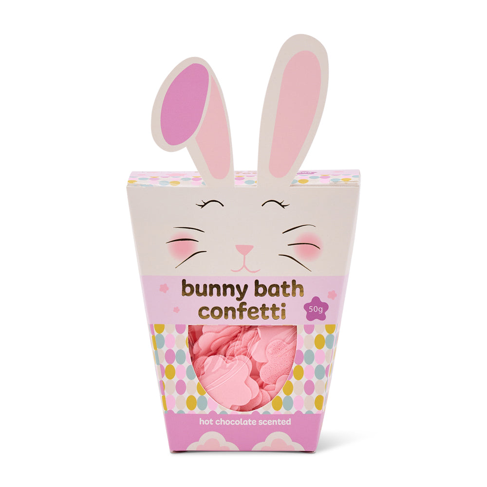 Bunny-shaped packaging of bath confetti with pink interior on a white background