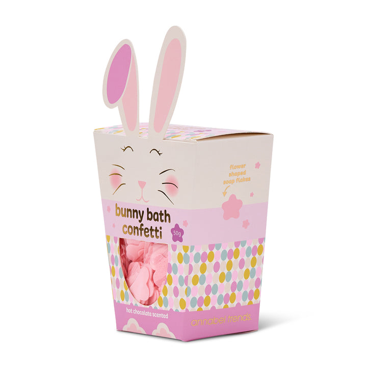 Bunny bath confetti packaging with pink ears on a white background