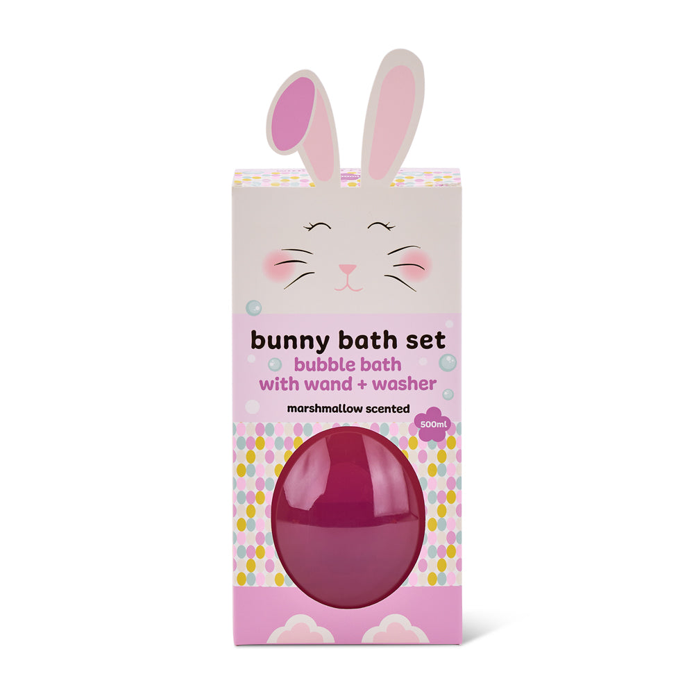 Bunny-themed bubble bath set packaging with a pink egg and rabbit face on a white background.