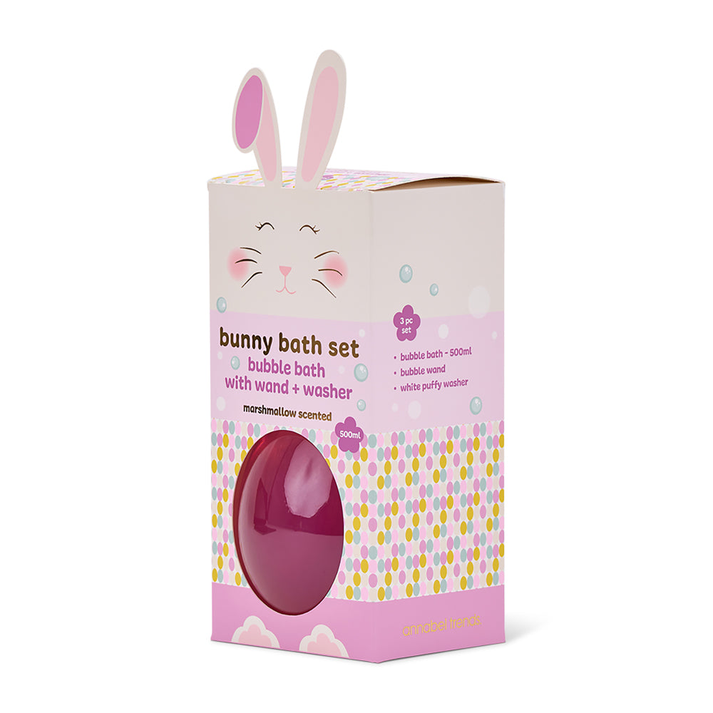 Bunny-themed bath set packaging with a pink egg and rabbit face on a white background