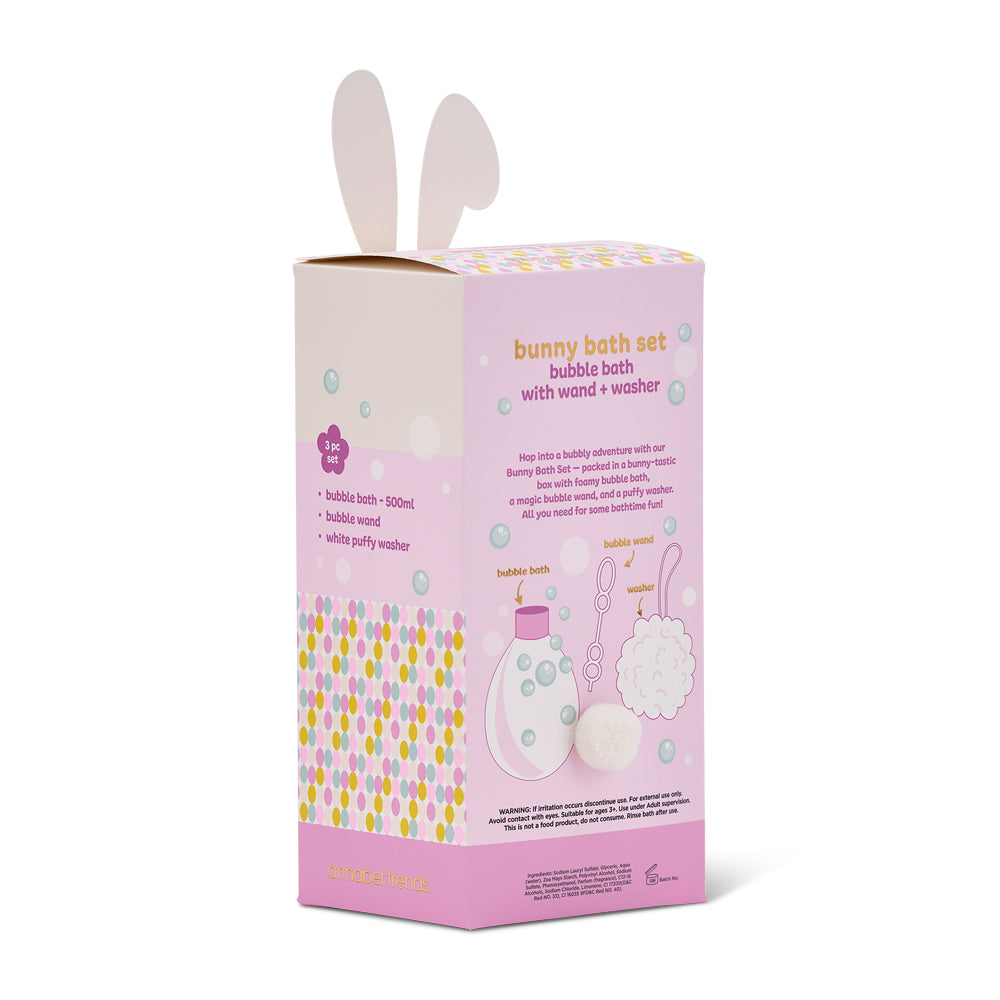 Bunny bath set packaging with pink and white design on a light purple background