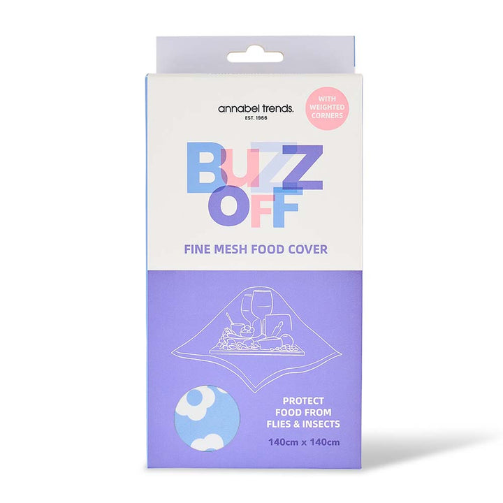 Packaging of annabel trends Buzz Off fine mesh food cover on a white background