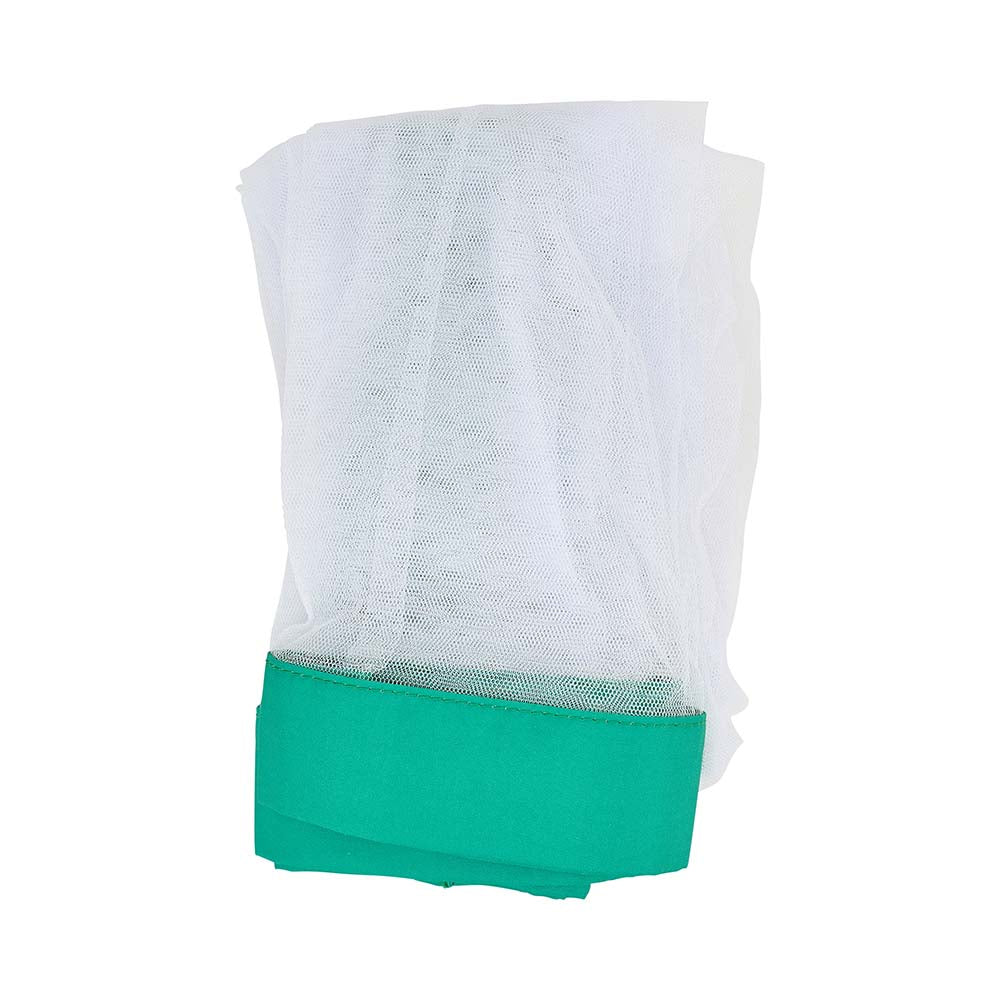 White buss off fly net with green base on a white background