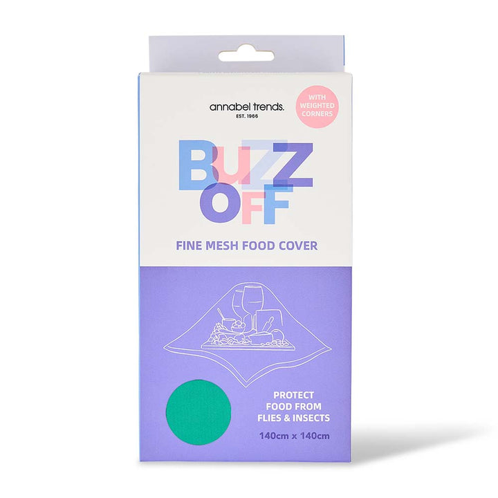 Packaging of annabel trends Buzz Off fine mesh food cover on a white background
