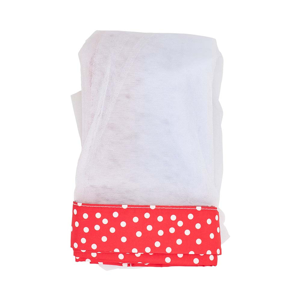 White buss off fly net with a red and white polka dot skirt on a white background