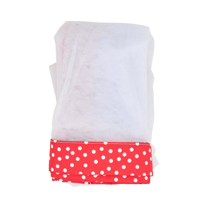 White buss off fly net with a red and white polka dot skirt on a white background
