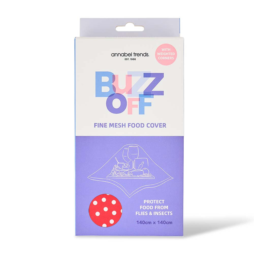 Buzz Off fine mesh food cover packaging with brand name on a white background