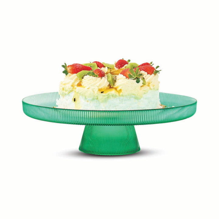 Green cake stand with a dessert on a white background