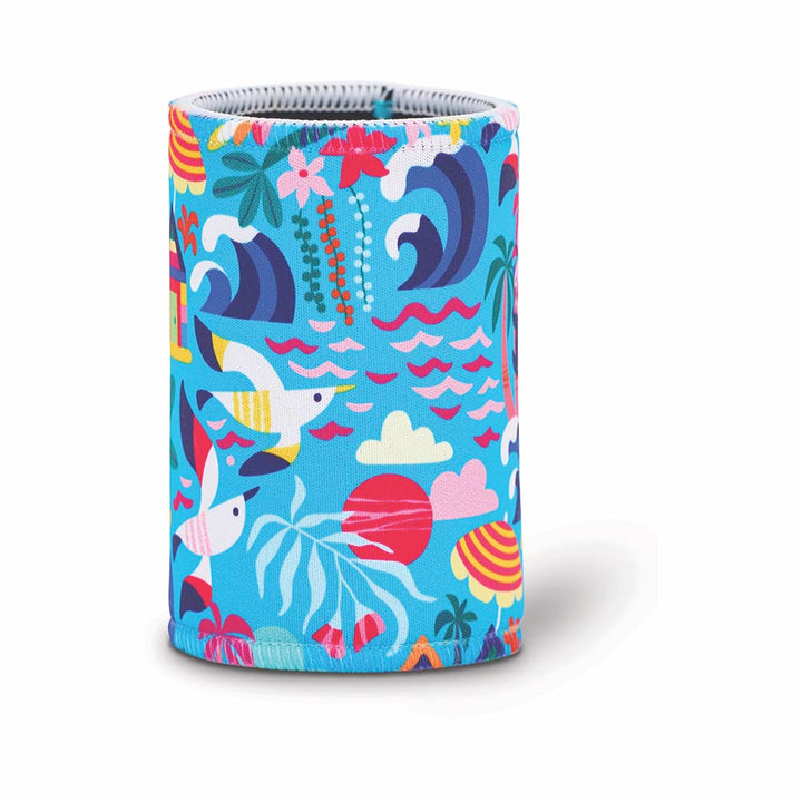 Colorful beach-themed can cooler on a white background