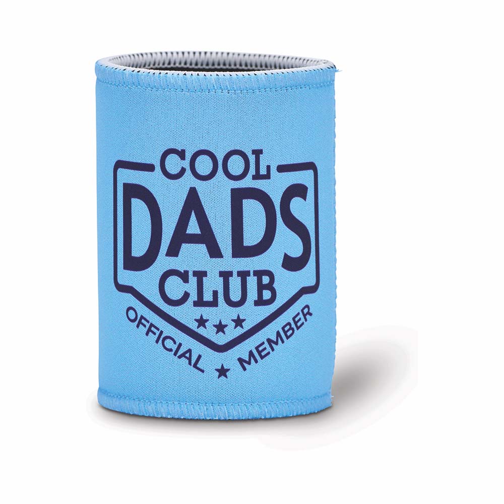 Blue can cooler with 'Cool Dads Club Official Member' text on a white background