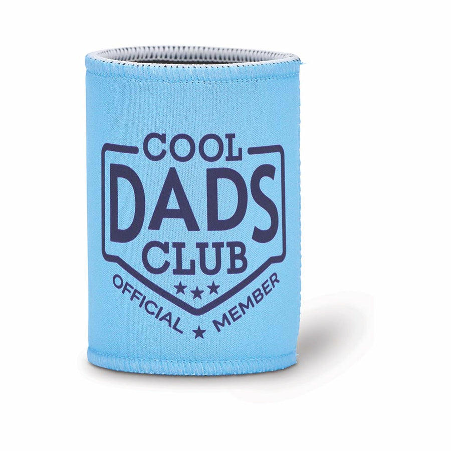 Blue can cooler with 'Cool Dads Club Official Member' text on a white background