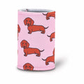 Pink can cooler with red dachshund dogs on a white background