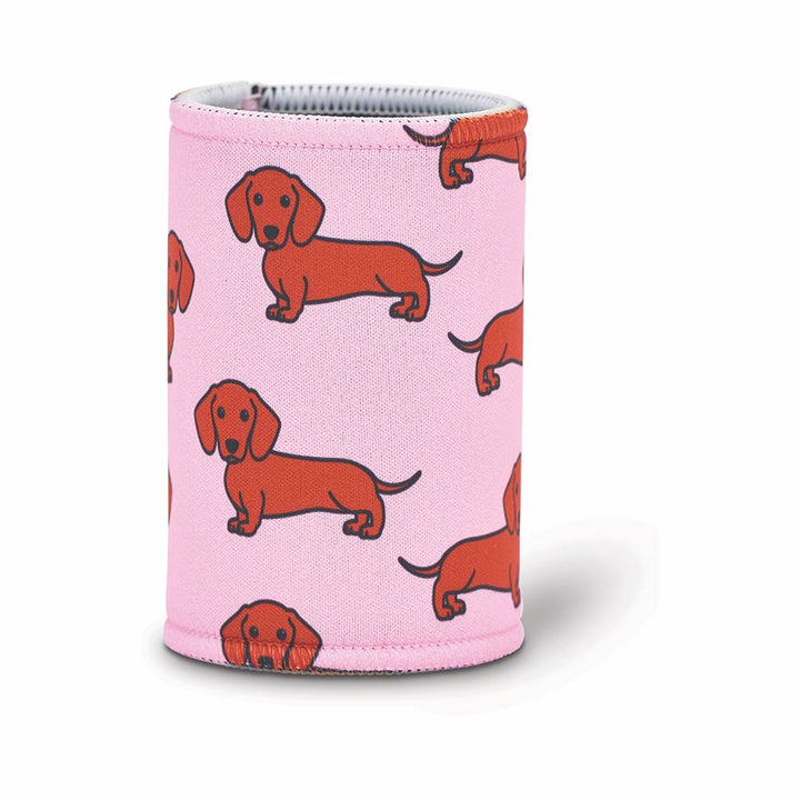 Pink can cooler with red dachshund dogs on a white background
