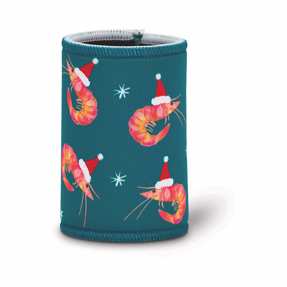 Neoprene can cooler with shrimp wearing Santa hats on a teal background
