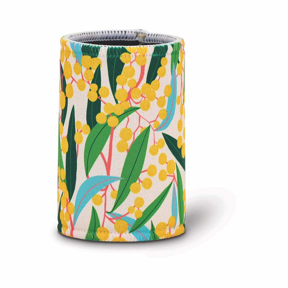 Can cooler with floral design on a white background