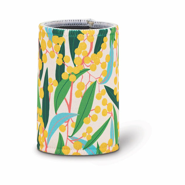 Can cooler with floral design on a white background