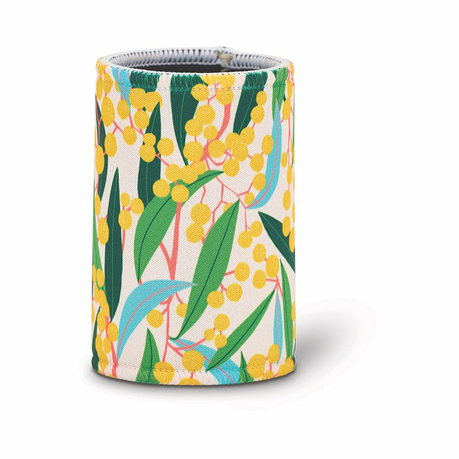 Can cooler with floral design on a white background