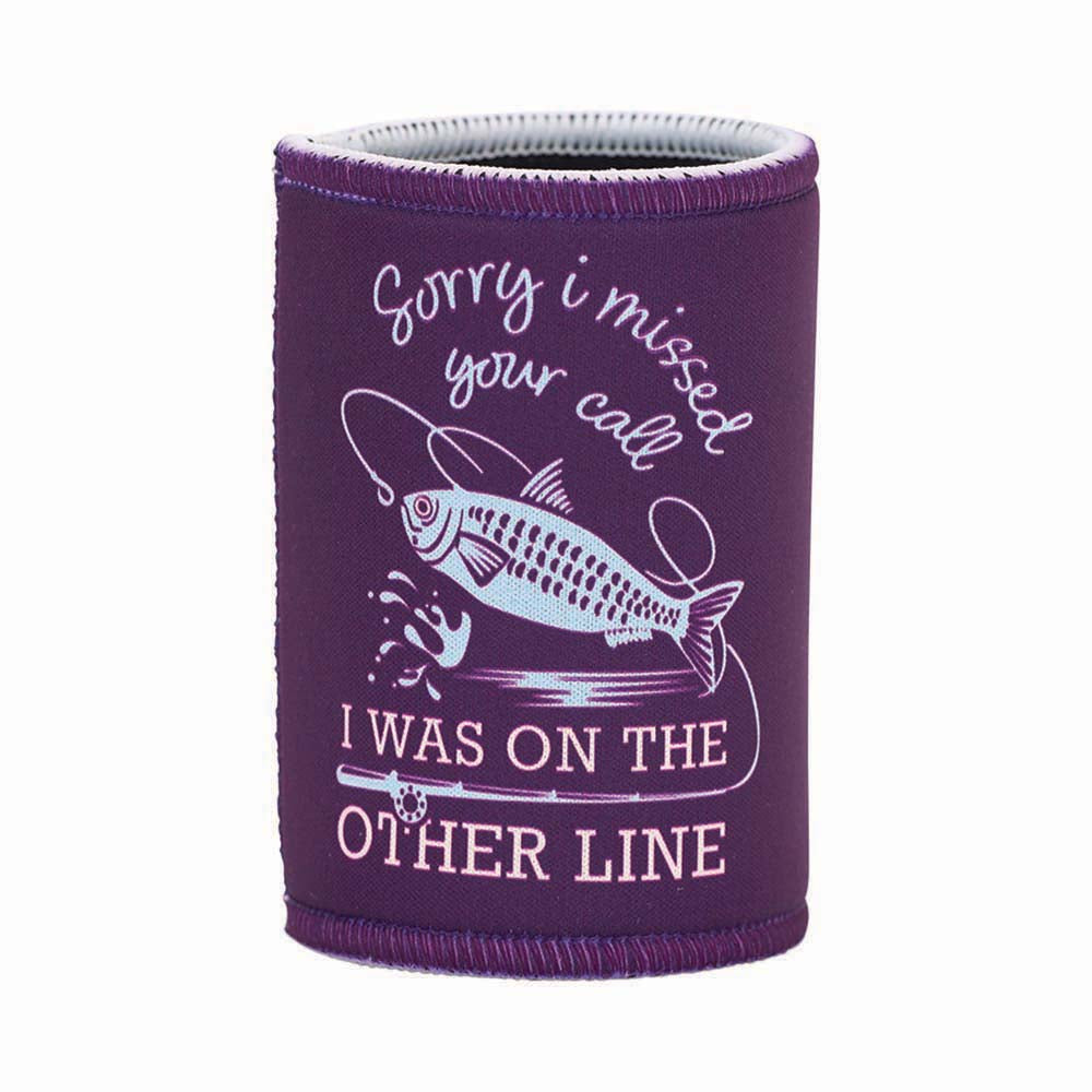 Purple can cooler with fish graphic and text on a white background