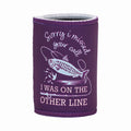 Purple can cooler with fish graphic and text on a white background