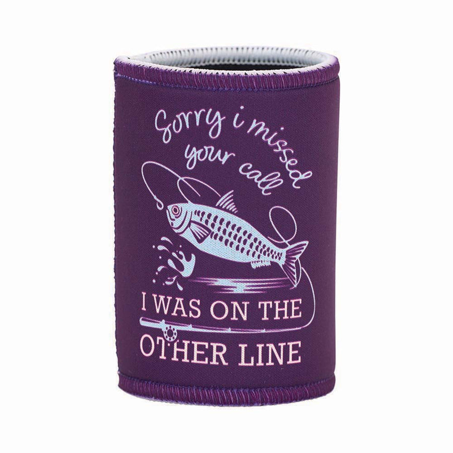 Purple can cooler with fish graphic and text on a white background