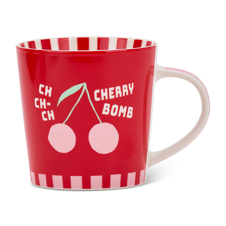 Red mug with cherry design and text on a white background