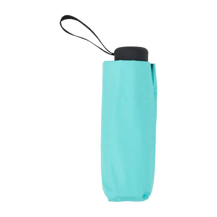 Compact aqua umbrella with black handle on a white background
