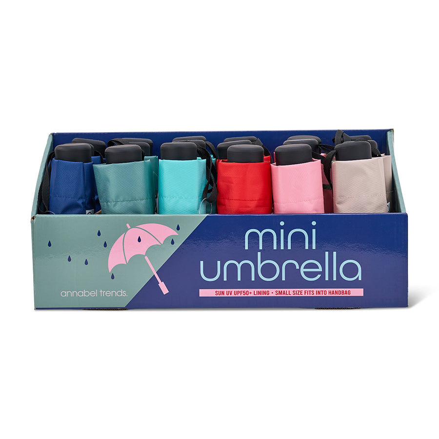 Display box of mini umbrellas in various colors with a pink umbrella graphic on a white background.