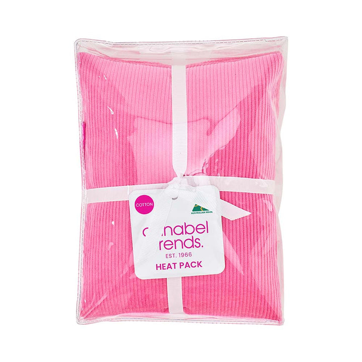 Pink heat pack in clear packaging with a label on a white background