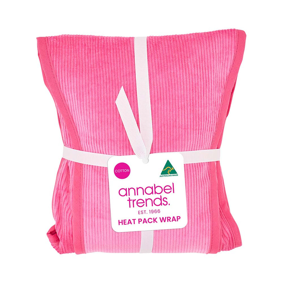 Pink heat pack wrap with 'annabel trends' label on a white background