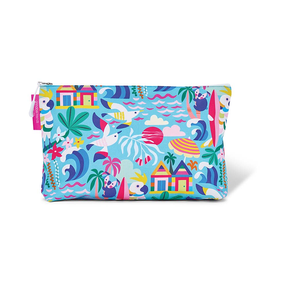 Colorful pouch with tropical design on a white background