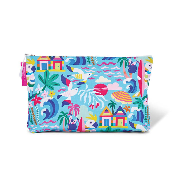 Colorful pouch with tropical design on a white background